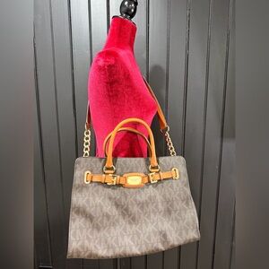 Michael Kors Large Brown Satchel Leather Shoulder Tote Bag Gold Accents MK Logo